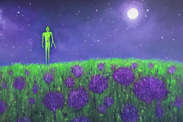 Image similar to a oil painting of a extraterrestrial alien lost in a meadow, tall plants, purple lighting, night sky, glows, moonlight,