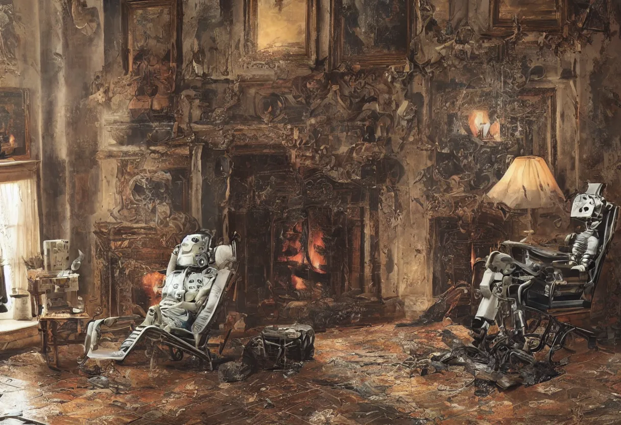 Image similar to Extreme close up photograph of a robot reclining on a tattered recliner in front of a single beautiful fireplace in a Victorian home, by Simon Stalenhag and Gregory Crewdson