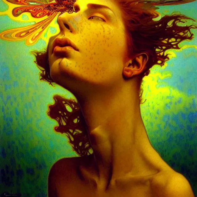 Image similar to psychedelic transcendent freckled sunburnt face mind bending psychedelic wings of glossy liquid honey flowing like kaleidoscopic translucent indigo, lsd feathers, honey wind, enlightenment, high contrast dappled lighting, refracted sunset, highly detailed, concept art, art by collier, albert aublet, krenz cushart, artem demura, alphonse mucha