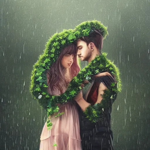 Image similar to a couple holding hands with plants growing out of their heads, growth of a couple, rainy day, atmospheric, bokeh matte masterpiece by artgerm by wlop by alphonse muhca