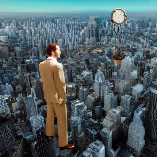 Image similar to a giant caucasian man dressed very elegantly standing on a miniature city