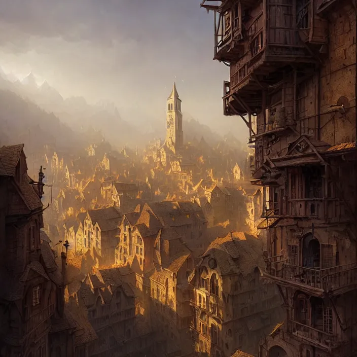 Prompt: matte painting by marc simonetti, jonathan solter, greg rutkowski of a small village, masterpiece, cinematic, hyperdetailed, photorealistic, hyperrealism, architecture, aerial view,