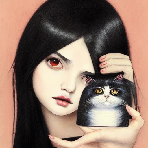 Prompt: a painting of an emo mexican woman with long dark hair thick eyebrows dark eyes and dark circles wide nose big eyes oval face shape big cheeks holding her cat, photorealistic painting by tran nguyen ilya kuvshinov and greg rutkowski featured on deviantart, gothic art, goth, gothic, detailed painting