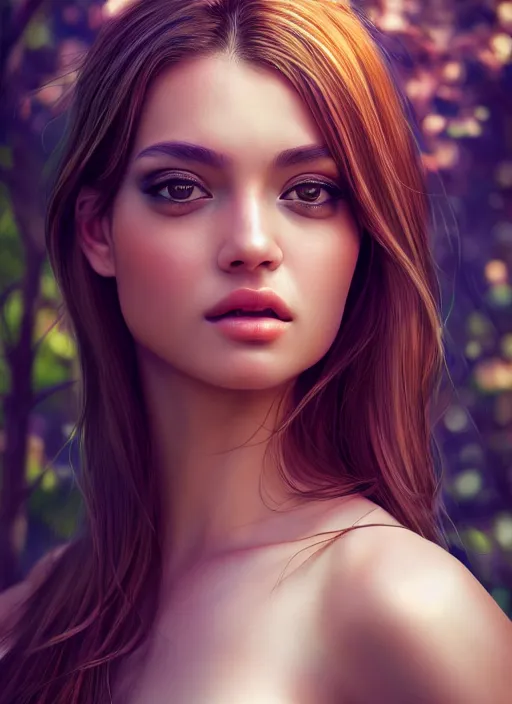 Image similar to photo of a gorgeous female in the style of stefan kostic, realistic, half body shot, sharp focus, 8 k high definition, insanely detailed, intricate, elegant, art by stanley lau and artgerm, extreme bokeh light spring foliage