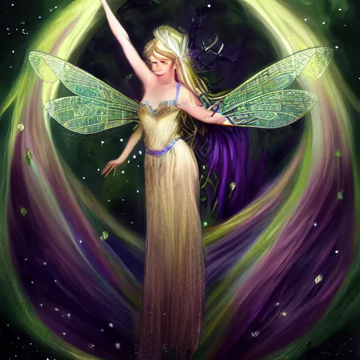 Image similar to detailed portrait of a fairy queen with wings wearing a silk robe, pixie, iris, realism, emerald, galaxy, sapphire,blonde hair going down to the floor, moonlit, , dark fantasy, detailed, magical, fairy, elf, dramatic lighting, cgsociety, artstation