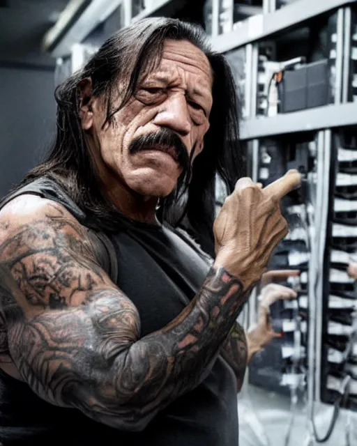 Prompt: danny trejo crying in a server room, realistic, moody grindhouse, dark