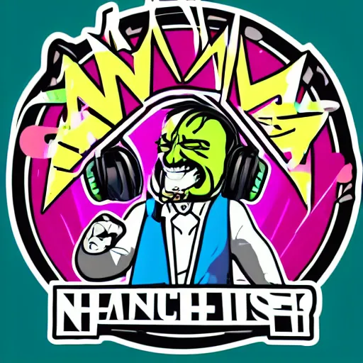 Image similar to svg vector sticker of absolutely insane-mad-scientist-villain, rocking out, wearing headphones, huge speakers, dancing, rave, DJ, spinning records, digital art, amazing composition, rule-of-thirds, award-winning, trending on artstation, featured on deviantart