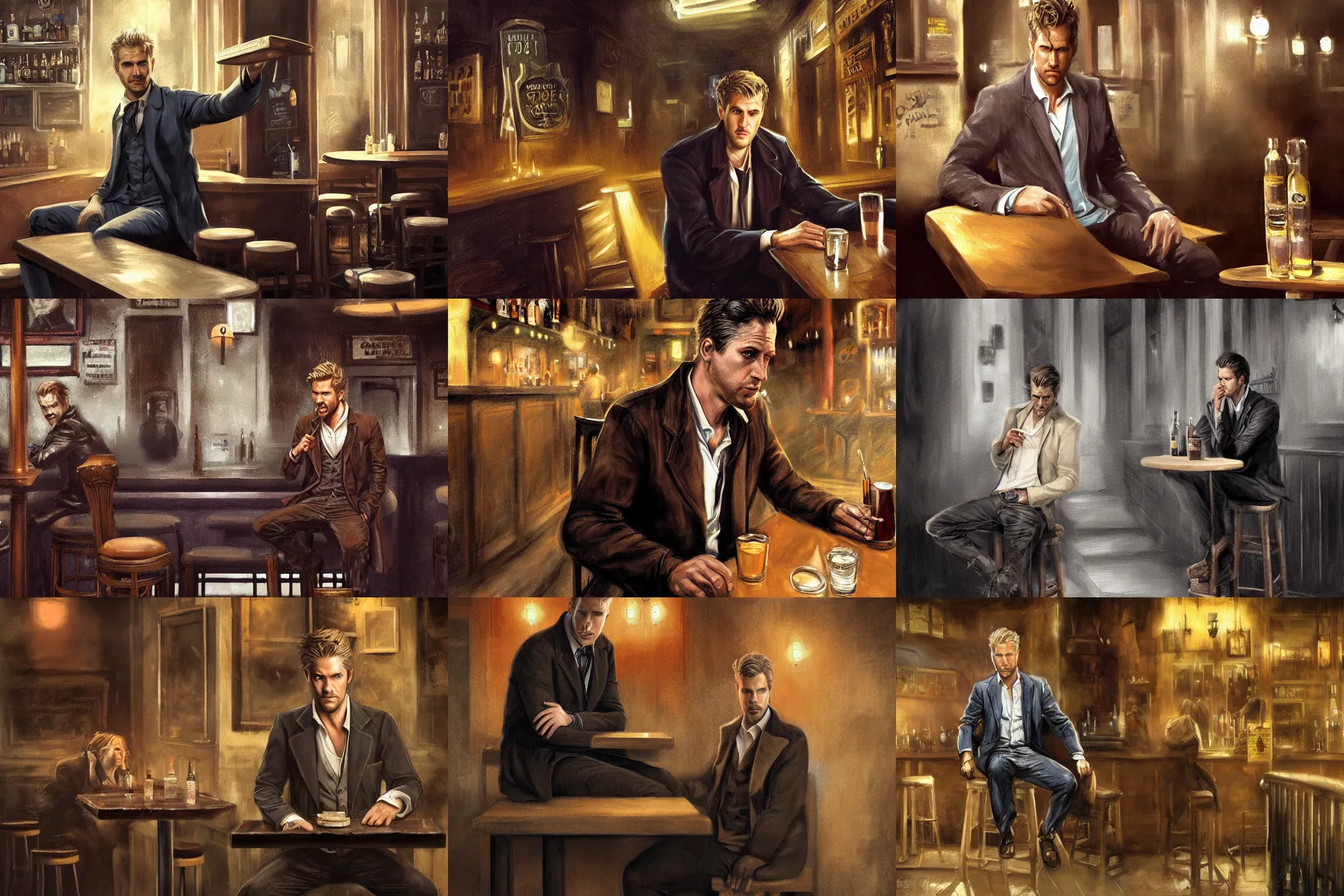 Prompt: matte painting character illustration of john constantine sitting down on a barstool at a dive bar in london drinking, digital painting, illustration, constantine, john singer sargent, amazing values, 8 k, gothic, realistic face details, symmetrical face details, realistically rendered face, photorealistic eyes, blonde british man, moody lighting