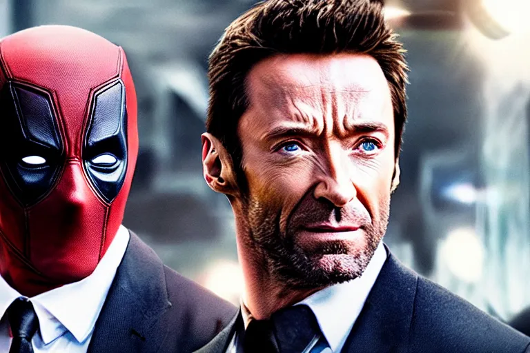 Image similar to a still of hugh jackman in deadpool, cinematic lighting, lens flare, shallow depth of field