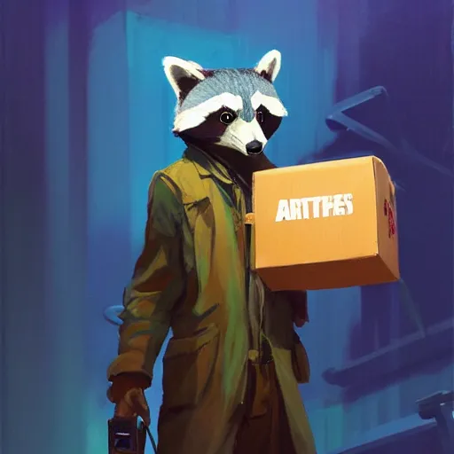 Image similar to greg manchess painting of a trash panda character, holding a box of cables and standing next to old electronic equiptment, medium shot, asymmetrical, profile picture, organic painting, night time, dark, neon lights, matte painting, bold shapes, hard edges, street art, trending on artstation, by huang guangjian and gil elvgren and sachin teng