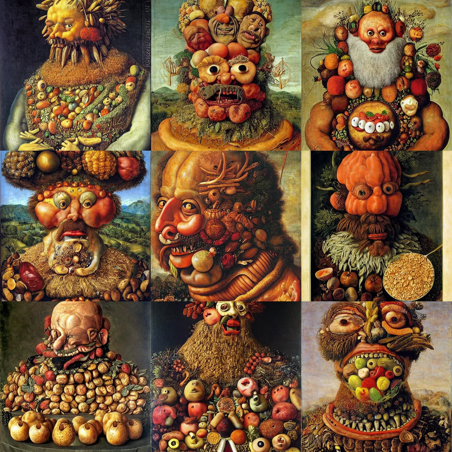 Prompt: Big Man, Big Oatmeal, the god of oatmeal, painting by Giuseppe Arcimboldo