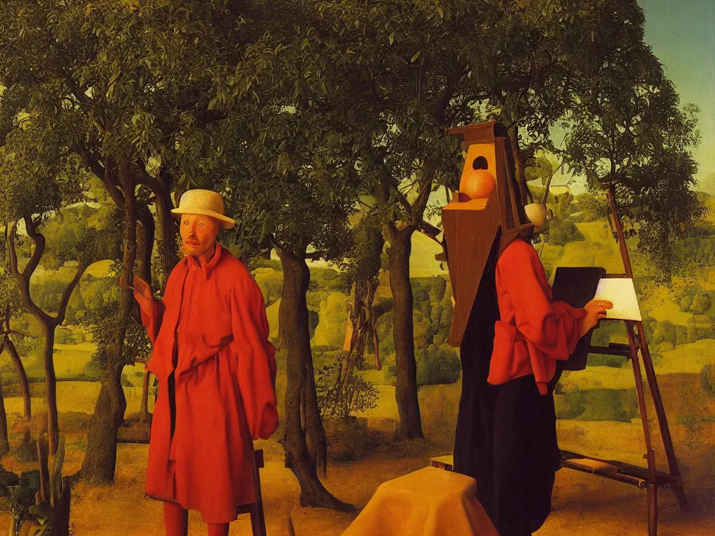 Prompt: portrait of a young painter at his easel, canvas. landscape with a oasis far away. painting by jan van eyck, agnes pelton