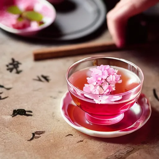 Image similar to photo of sakura tea, beautiful, recipe, cinematic,