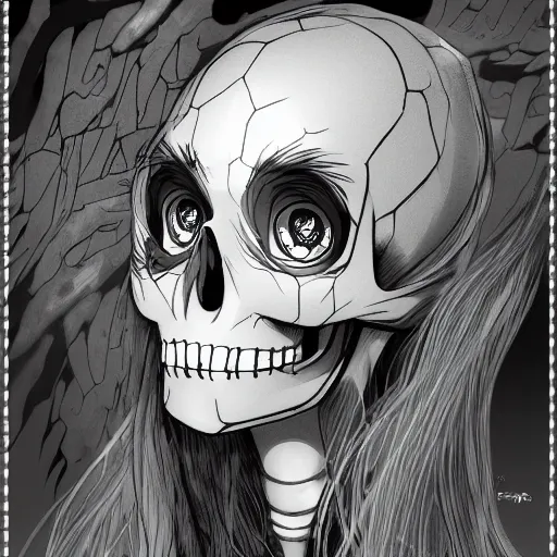 Image similar to manga fine details portrait of joyful skull girl skeleton. anime masterpiece by Studio Ghibli. 8k render, sharp high quality anime illustration in style of Steve Ditko, artstation