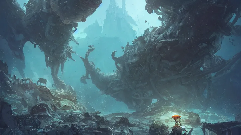 Prompt: Astronauts and some mythical animals are under the sea, they are swimming away from the giant leviathan that is behind hunting them, this is an extravagant planet with wacky wildlife, the background is full of ancient ruins, the ambient is dark with a terrifying atmosphere, by Jordan Grimmer digital art, trending on Artstation,