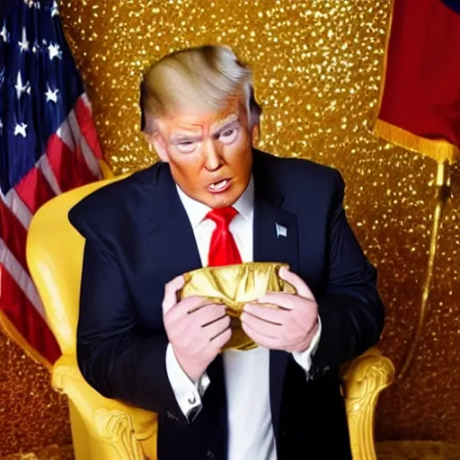 Prompt: donald trump with his hands down his underwear while sitting on a gold toilet, american flag toilet paper, stinky poop