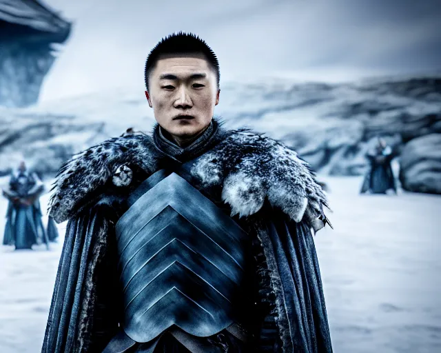 Image similar to justin sun as night king in game of thrones inside large clear ice teardrop, crimson - black bee army behind, 4 k, epic, cinematic, focus, movie still, fantasy, extreme detail, atmospheric, dark colour, sharp focus