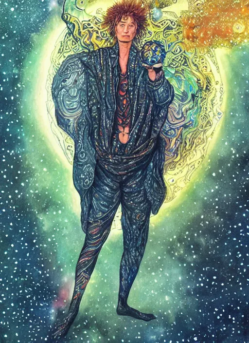 Prompt: high intricate colored ink drawing of the sandman holding a glimmering galaxy, full shot, neil gaiman, maria panfilova, andrea savchenko, mike kime, ludovic plouffe, qi sheng luo, oliver cook, julian calle, eddie mendoza, trending on artstation