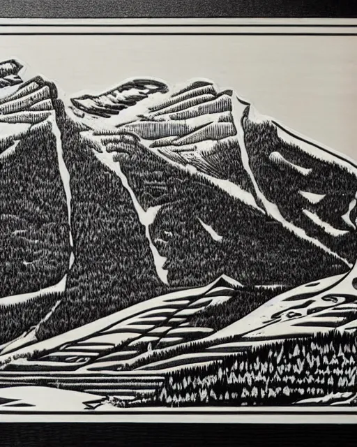 Image similar to an award winning Wood engraving on paper of The Canadian rockies
