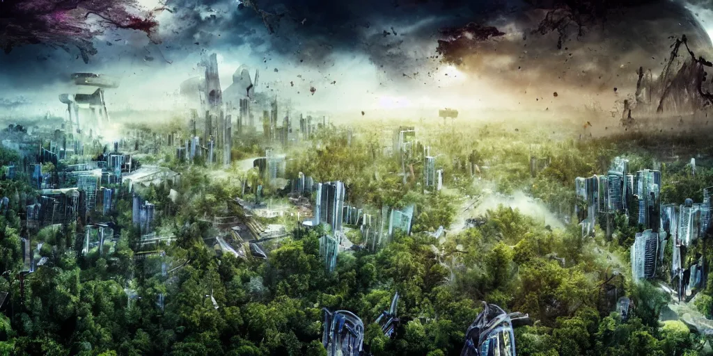 Prompt: future city attacked by forest, trees, plant, broken buildings, doom of the gods, monster, gravity mess, star trek, glory war, photograph