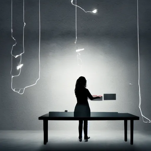 Image similar to woman building electrical wiring on desk, soft lighting, matte painting, curly hair
