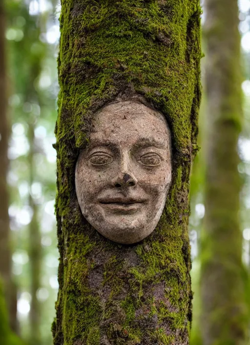 Image similar to photograph of hyperrealistic detailed ancient face in a tree covered with thick bark and moss
