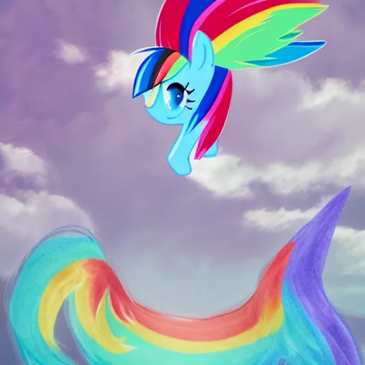 Image similar to 🐎🍑, Facing Away, Pegasus Rainbow Dash, light blue fur, cutie mark, rainbow tail, equine photography