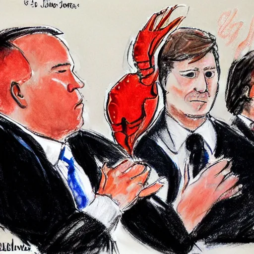 Image similar to alex jones courtroom sketch court trial dancing lobsters