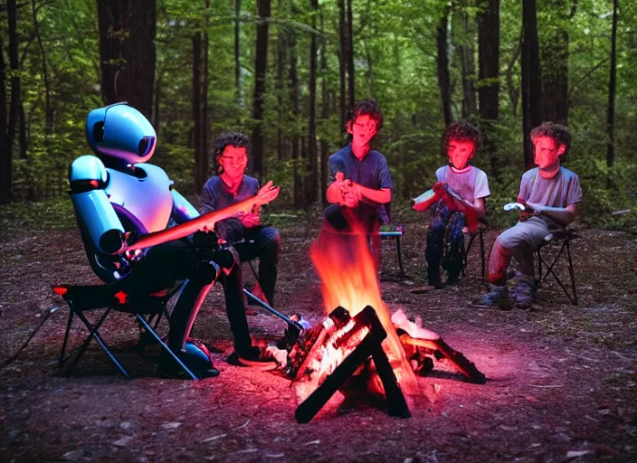 Prompt: 3 artistic robots sitting around a campfire, robots, campfire, chill, campfire song, robots, sitting in a circle