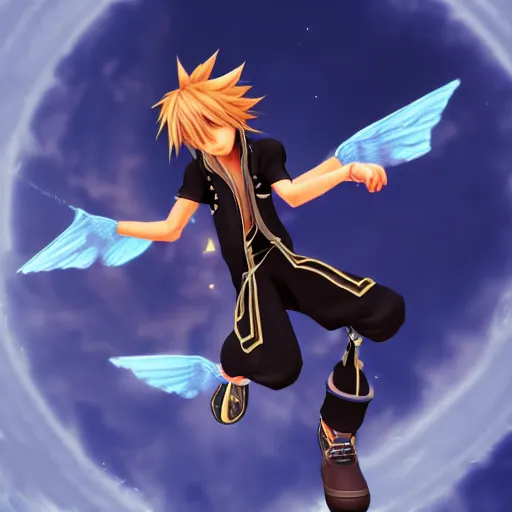 Prompt: Riku from Kingdom hearts floating in the air with one black wing, hd, intricate, Highly detailed, video game, 8k, digital art