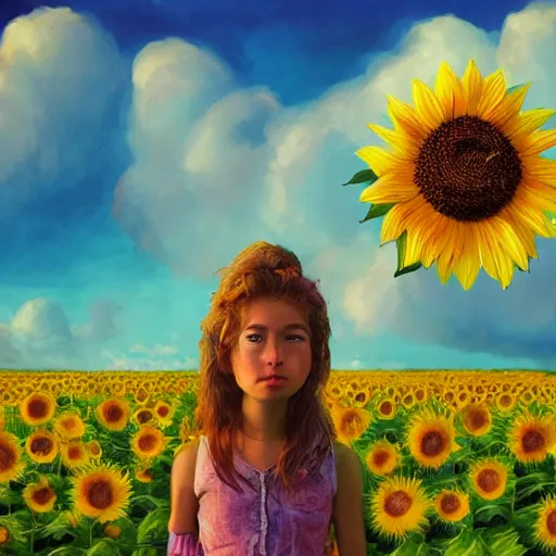 Image similar to giant sunflower head, portrait of girl in flower field, holding daisies, surreal photography, sunrise, impressionist painting, colorful clouds, digital painting, artstation, simon stalenhag, flower face