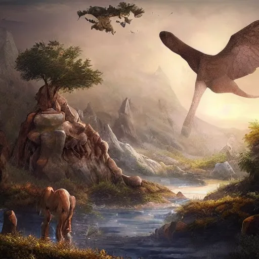 Image similar to large landscapes from another world, beautiful depiction, very detailed animals, enhance lighting, the sky is looking really cool