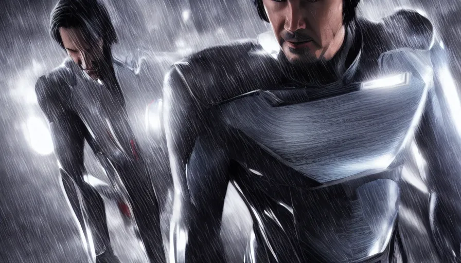 Prompt: Keanu Reeves is Superman in black and silver suit, hyperdetailed, artstation, cgsociety, 8k