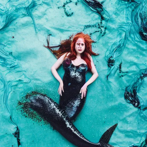 Image similar to A mermaid stuck in an oil spill, full body, photography, 4K