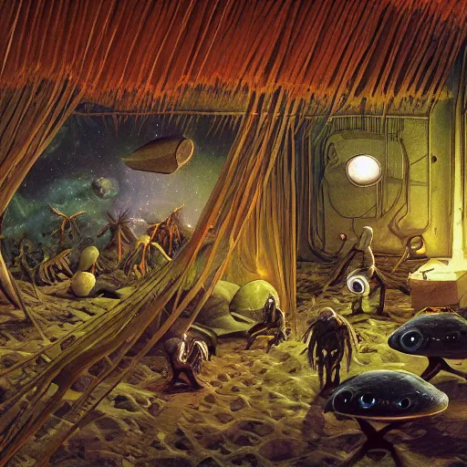 Image similar to primitive extraterrestrial villagers at bedside of severely injured unconscious short - haired blond woman, inside primitive hut, dramatic lighting, illustration, fantastic planet, ron cobb, mike mignogna, jim henson creature shop, science fiction, detailed painting, high detail, coherent, rough paper