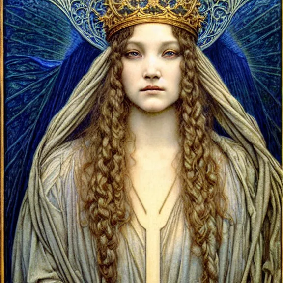 Image similar to detailed realistic beautiful young medieval queen face portrait by jean delville, gustave dore and marco mazzoni, art nouveau, symbolist, visionary, gothic, pre - raphaelite. horizontal symmetry