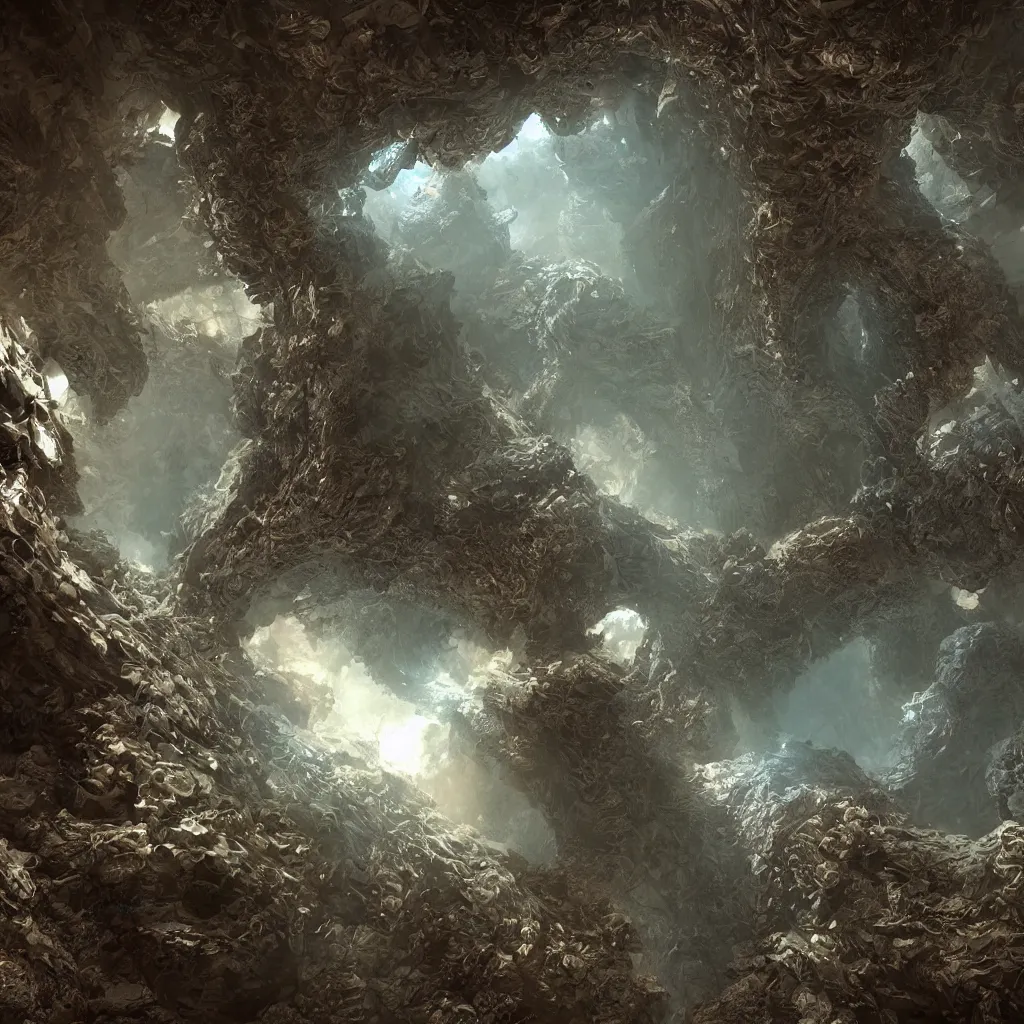 Image similar to concept art by craig mullins alien monster. mandelbulb fractal. reflection and dispersion materials. rays and dispersion of light. volumetric light. 5 0 mm, f / 3 2. noise film photo. flash photography. unreal engine 4, octane render. movie art