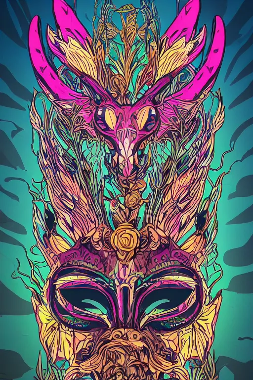 Image similar to animal mask totem roots flower tribal feather gemstone plant wood rock shaman vodoo video game vector cutout illustration vivid multicolor borderlands comics by josan gonzales and dan mumford radiating a glowing aura