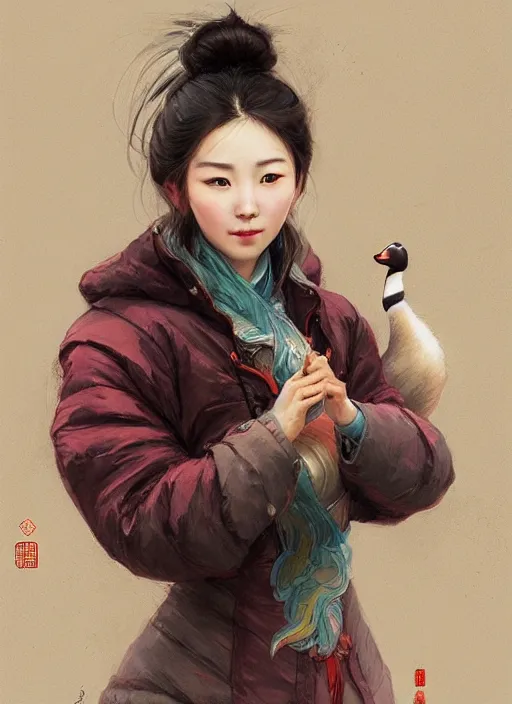 Image similar to a beautiful chinese woman in down jacket ， a goose ， winer ， wenjun lin intricate, elegant, highly detailed, digital painting, artstation, concept art, matte, sharp focus, illustration, hearthstone, art by artgerm and greg rutkowski and alphonse mucha