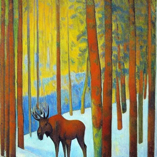 Prompt: paul gaugin style painting, moose in winter forest, spruce trees
