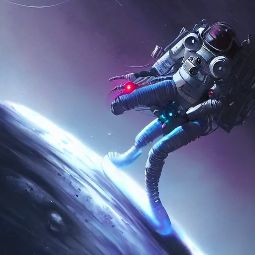 Image similar to futuristic astronaut falling through jovian clouds in jupiter, psychedelic cyberpunk art by cedric peyravernay, highly detailed, excellent composition, cinematic concept art, dramatic lighting, trending on artstation