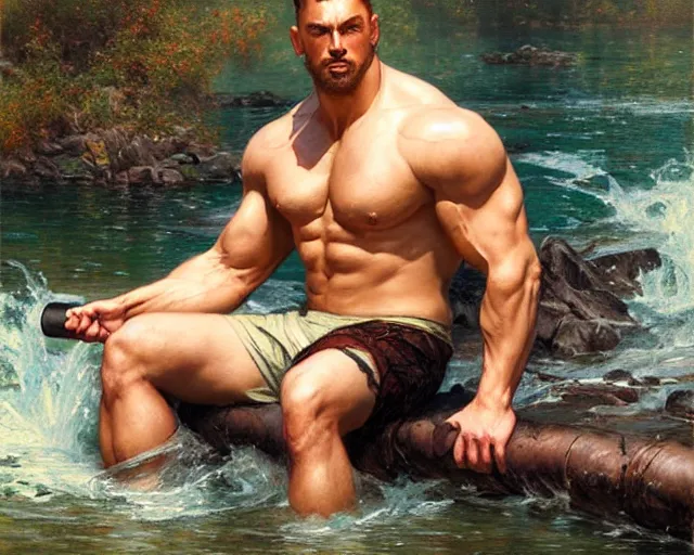Prompt: handsome tattooed gym bro wades in the river, painting by artgerm, gaston bussiere, craig mullins, j. c. leyendecker, tom of finland