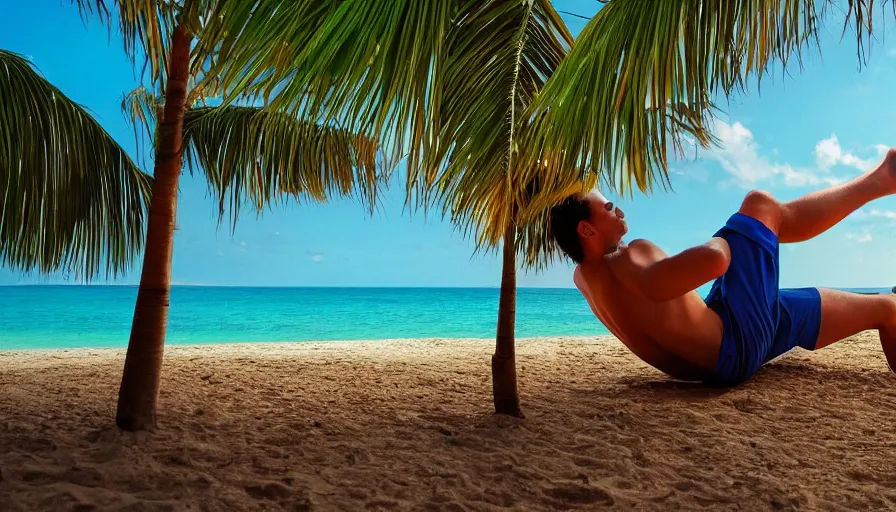 Prompt: first person view from a man lounging on a beautiful tropical beach with a stunning turquoise ocean in the background. his legs stretch out in front of the camera, digital art, highly detailed, realistic, bright colors, 8 k