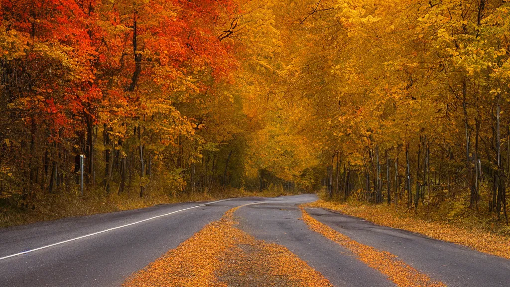 Image similar to a photograph of a country road lined on both sides by maple and poplar trees, in the autumn, red orange and yellow leaves, some leaves have fallen and are under the trees and on the road