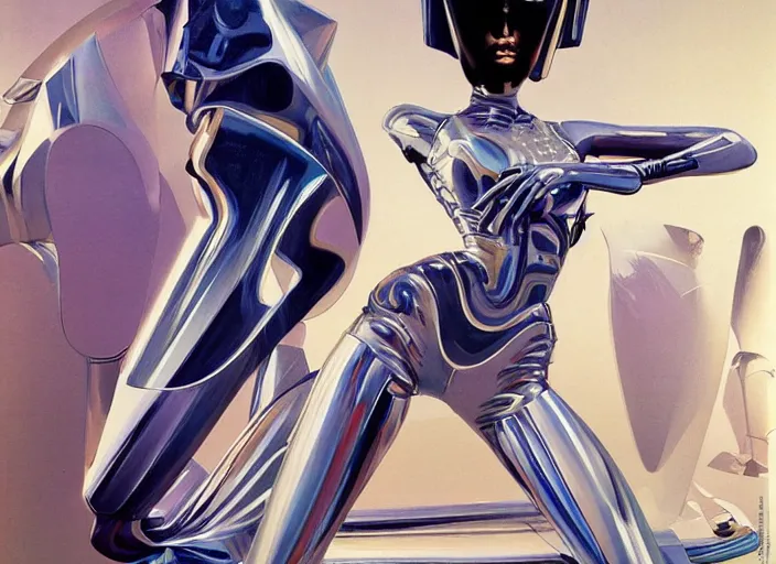 Prompt: feminine cyborg, full body, high fashion, futurism, aerodynamic, flowing, intricate, slick, highly detailed, digital painting, vogue, concept art, smooth, sharp focus, hd, art by syd mead and john berkey and annie leibovitz