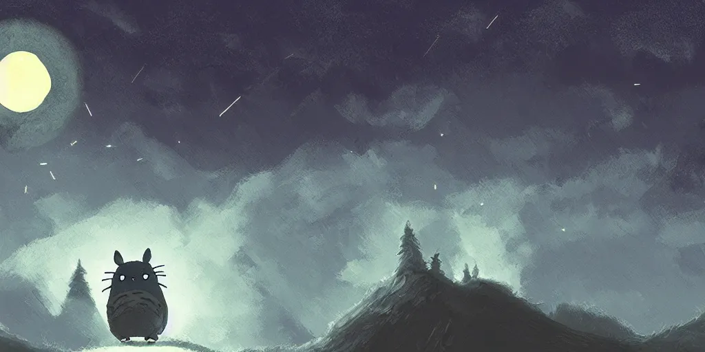 Image similar to glowing wireframe totoro, mountain landscape, night sky, digital art, digital painting, celestial