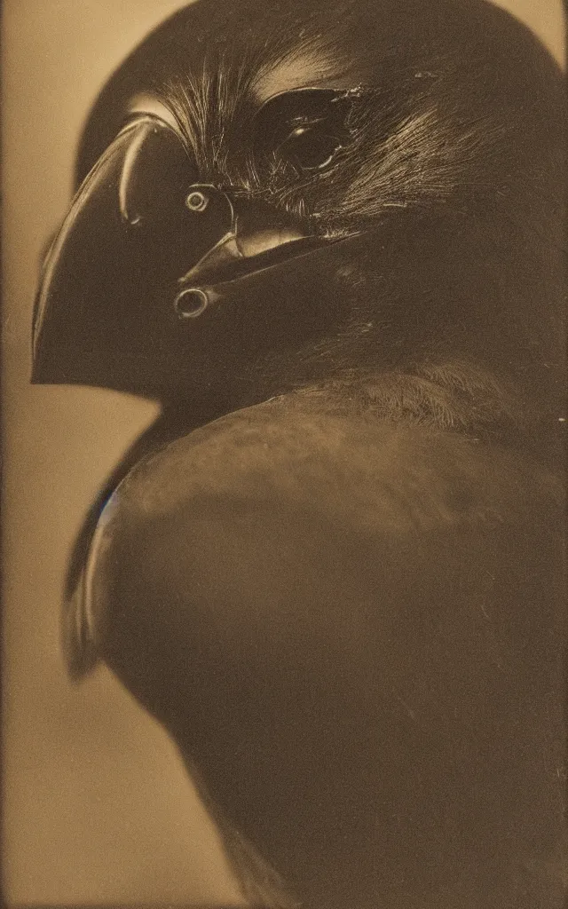 Prompt: portrait of a humanoid crow wearing a man face as mask, daguerreotype, studio lighting, hyperrealistic, ultra detailed