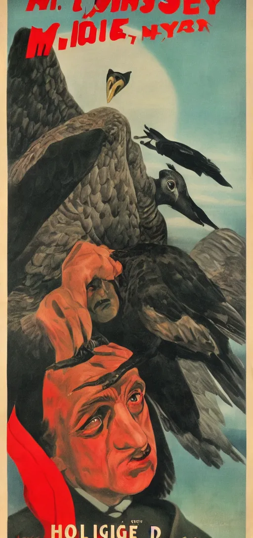 Image similar to mistery man in hood and red eyes with a dager, and a vulture, 1940s propaganda poster, full hd,highly detailed