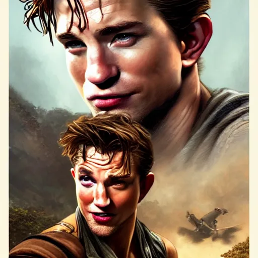 Image similar to A combination ofTom Holland's and Channing Tatum's and Robert Pattinson's faces as Nathan Drake, western, D&D, fantasy, intricate, elegant, highly detailed, digital painting, artstation, concept art, matte, sharp focus, illustration, art by Artgerm and Greg Rutkowski and Alphonse Mucha