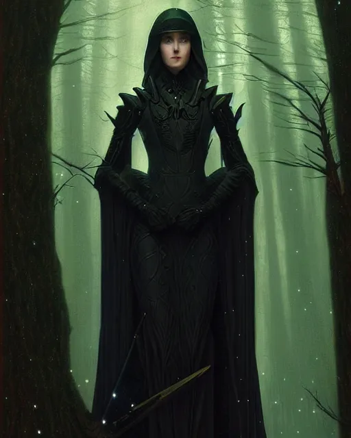 Prompt: nocturne, glowing, stars, a portrait of a female wood ranger, tall and thin, highly detailed, mysterious, ethereal, wearing elegant black leather armor, dark forest, illustration, painting, dramatic lighting, by edmund blair leighton, brom, charlie bowater, faces by otto schmidt